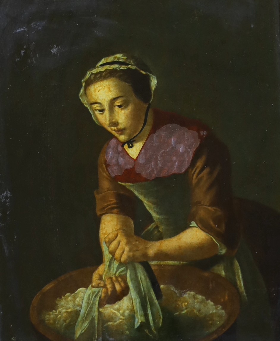 English School, 19th century, reverse glass painted print, painting of a washer woman, dated 1847 verso, 31 x 25cm